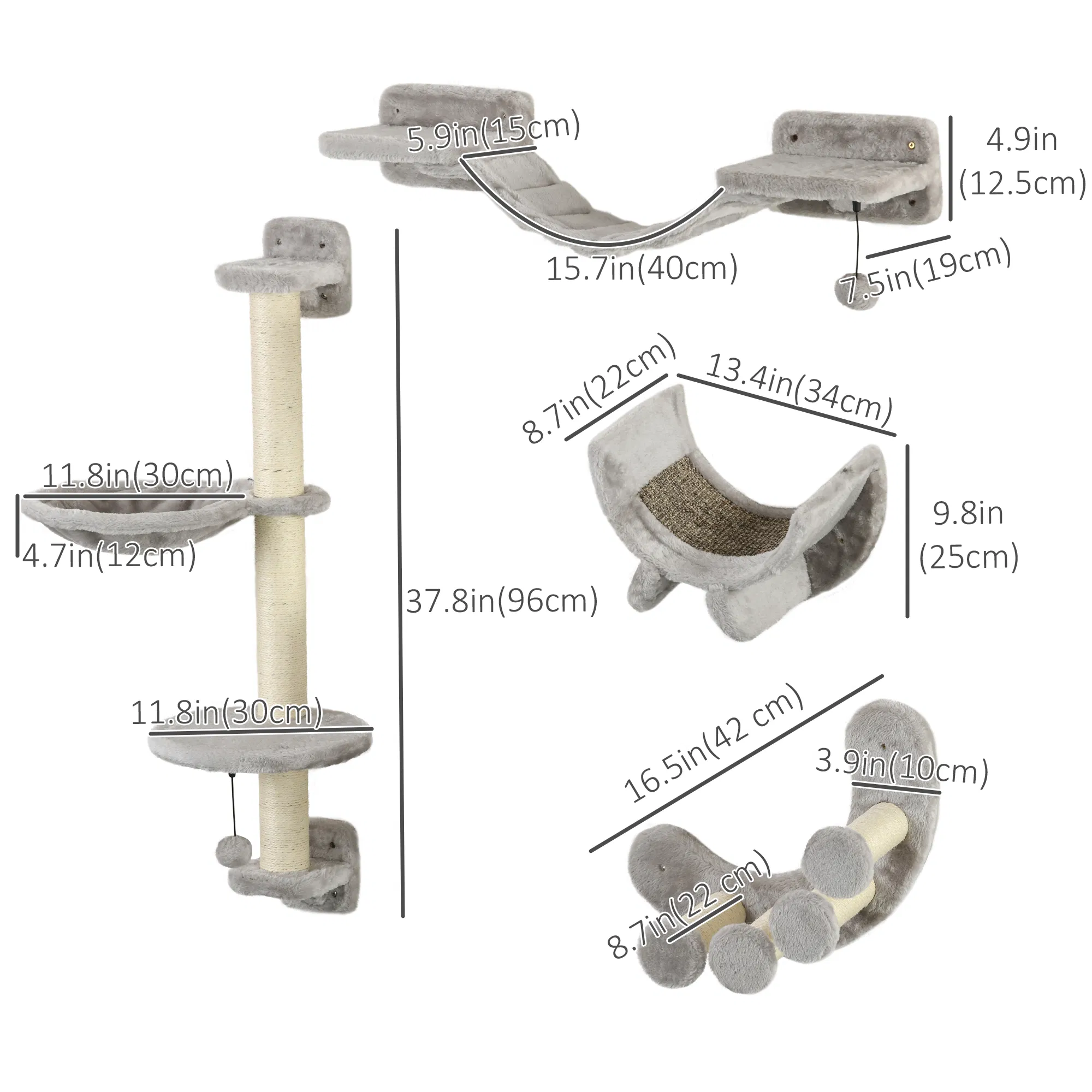 4Pcs Cat Wall Shelf with Scratching Post, Cat Wall Shelves for Relaxing, Climbing, Cat Wall With Soft Ladder, Hammock, Play Balls, Grey — image 4