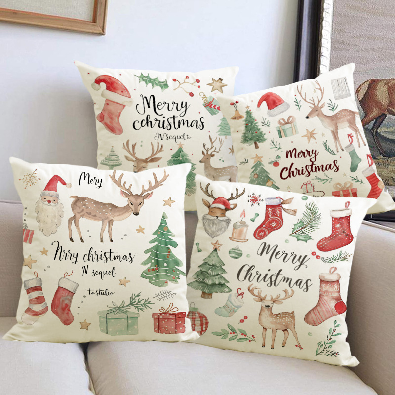 Christmas Socks Printed Pillow Cover Christmas Reindeer Linen Pillowcase Living Room Bedroom Decoration — image 2