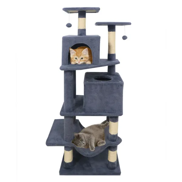 57" Multi-Level Cat Tree For Multi-Cat Households, 2 Condos & Hammock With Sisal Scratching Posts-Gray — image 2