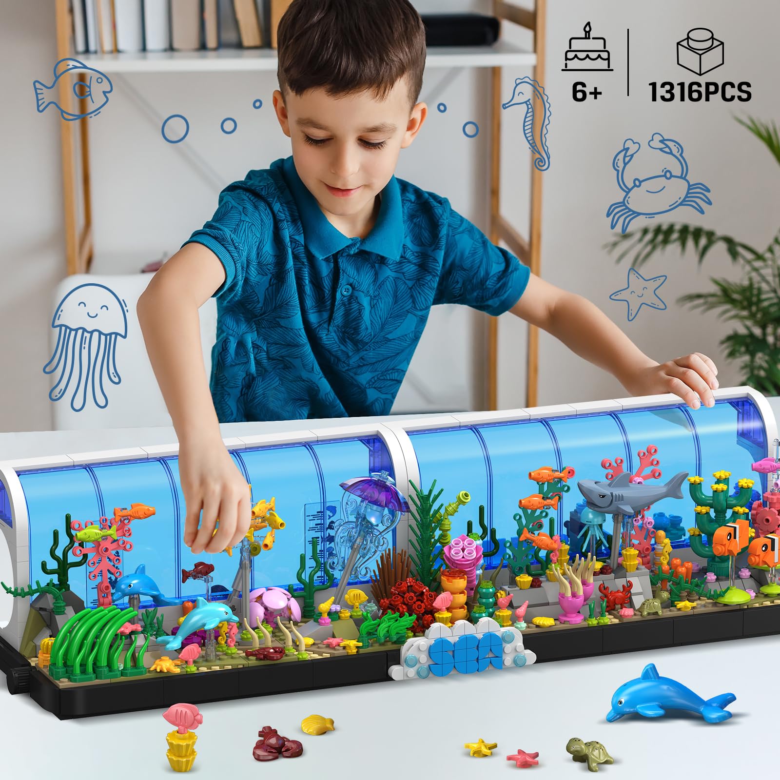 HOGOKIDS Aquarium Building Set - 2 Styles Oceanarium Construction Toy For Kids And Adults, Rotatable Underwater Tank Includes Dolphins, Crab, Fish, Jellyfish And Sea Animals — image 3
