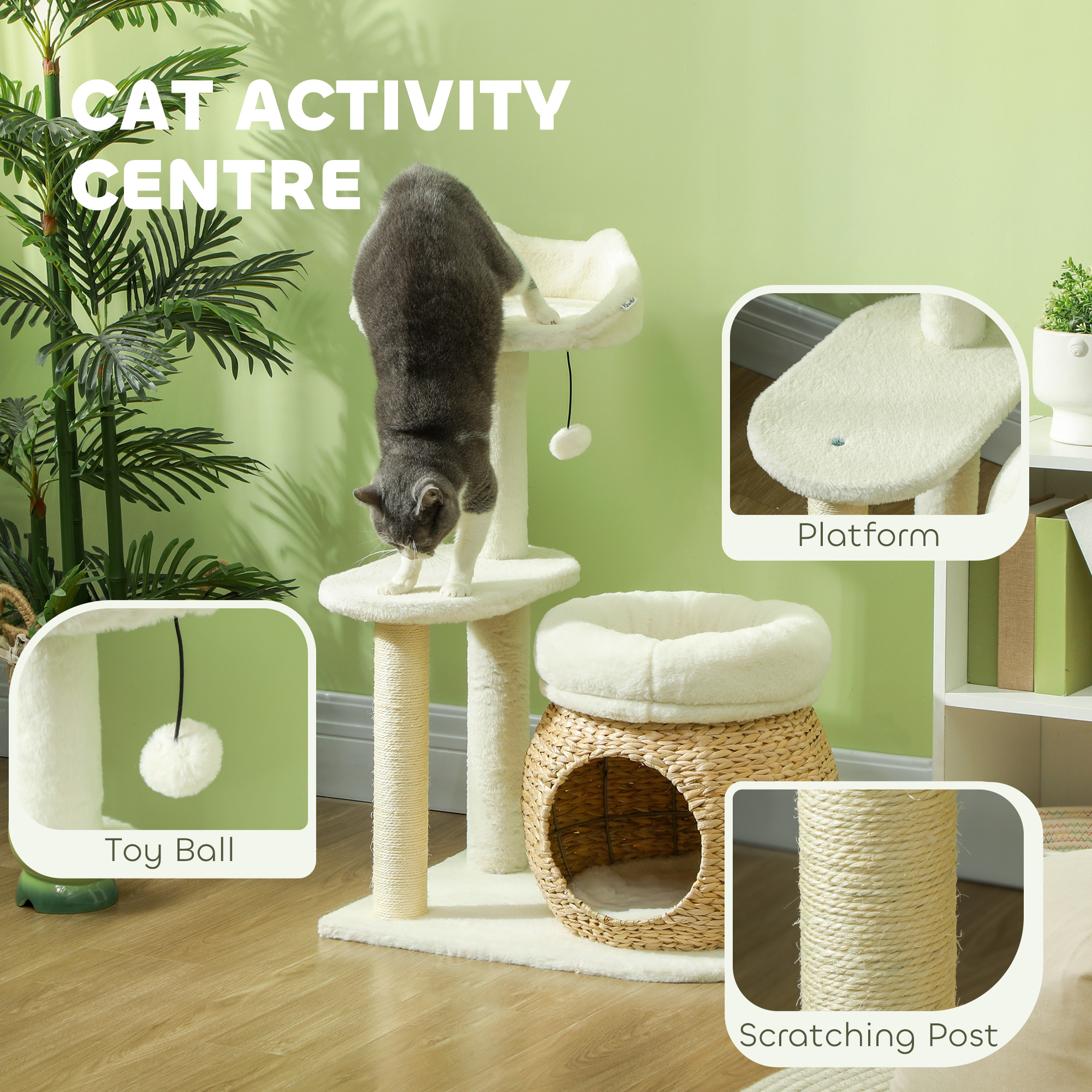 31" Cat Tree Tower with Scratching Posts, Cat Condo, Beds, Platform and Toy Ball for Indoor Cats, Cream White — image 4