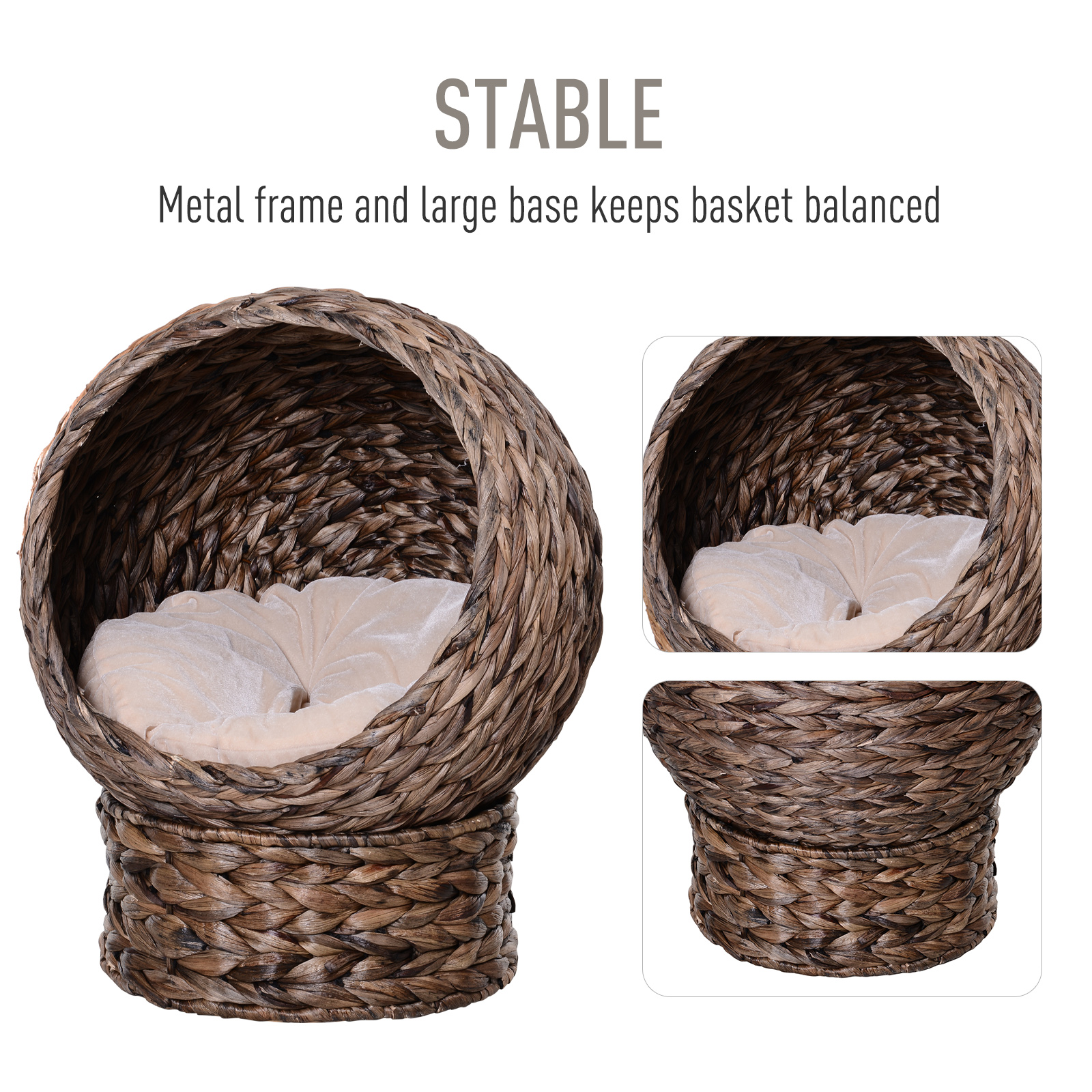 Cama para Gatos tejida a mano con cesta rotativa y almohadilla suave, silla de paja para gatos elevada con base marrón — imagen 6