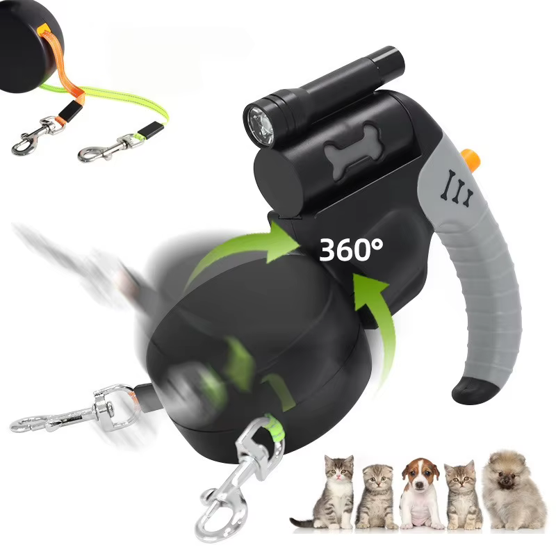 Correa Retráctil Automática de Doble Cabezal para 2 Perros, 3M, con Linterna LED, Cuerda de Tracción Dual 360 Grados — imagen 2