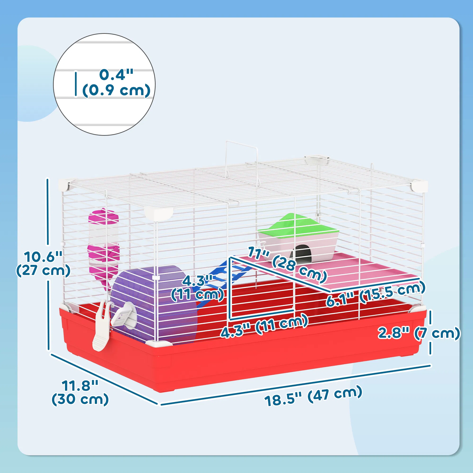18.5'' Hamster Cage with Exercise Wheel and Water Bottle Dishes, Rat House and Habitats 2 Storey Design, Red — image 4
