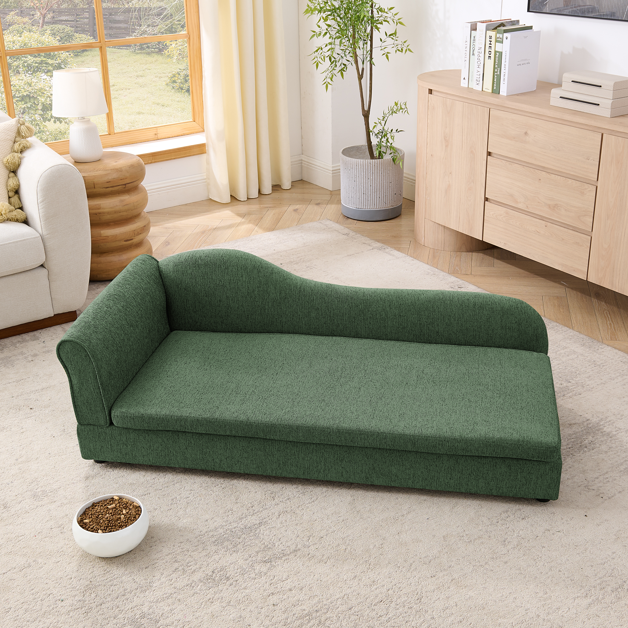 Oversized Pet Sofa For Medium Large Dogs - Modern Irregular Wave Backrest, Single Armrest, Premium Breathable Linen Fabric, Soft Cushion & Low Plastic Feet-Olive Green — imagen 4