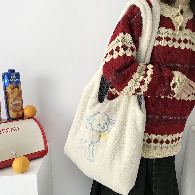 Women Lamb Like Fabric Shoulder Bag Simple Canvas Handbag Tote Large Capacity Embroidery Shopping Bag Cute Book Bags For Girls — image 1