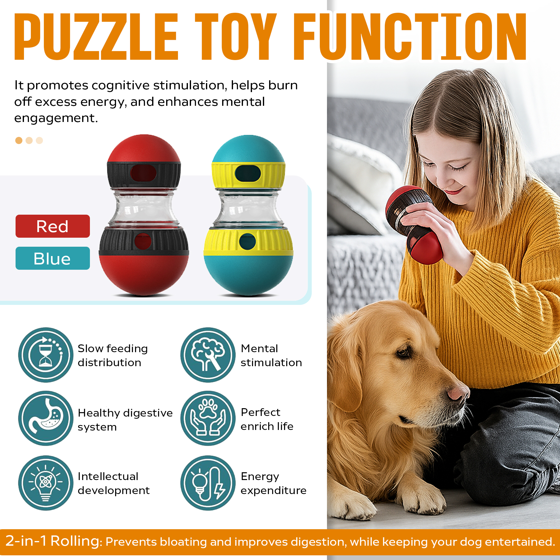 Juguetes de Rompecabezas para Perros - Pelota Dispensadora de Comida con Ajuste para Tratados Lento y Saludable, Entrenamiento Mental para Cachorros y Adultos — imagen 3