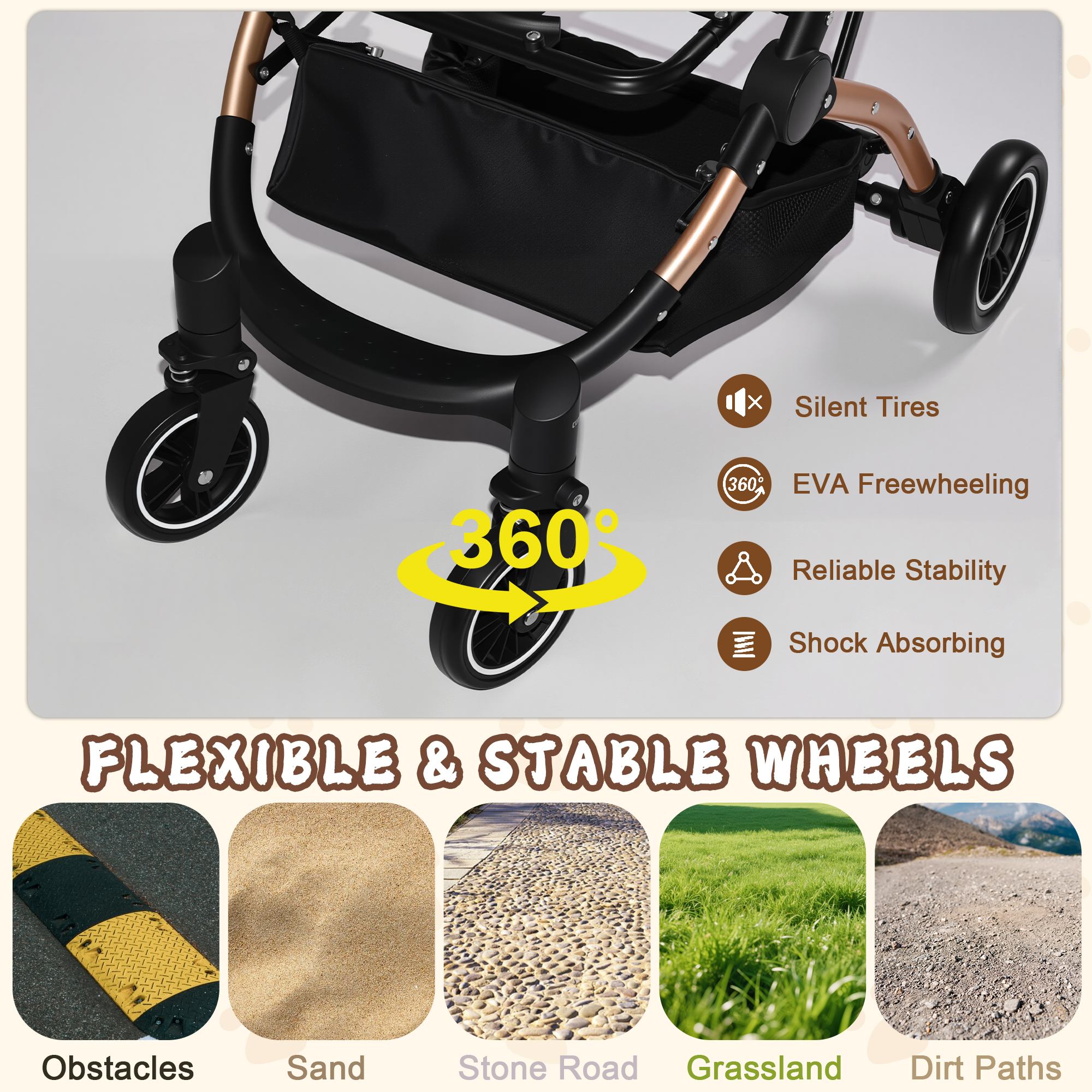 Pet Stroller for Dogs and Cats, 2-in-1 Detachable Foldable 4 Wheels Pet Stroller, Quick One-Hand Fold, Storage Basket, Detachable Carry Basket with Sun Canopy(Black+Gold) — image 10