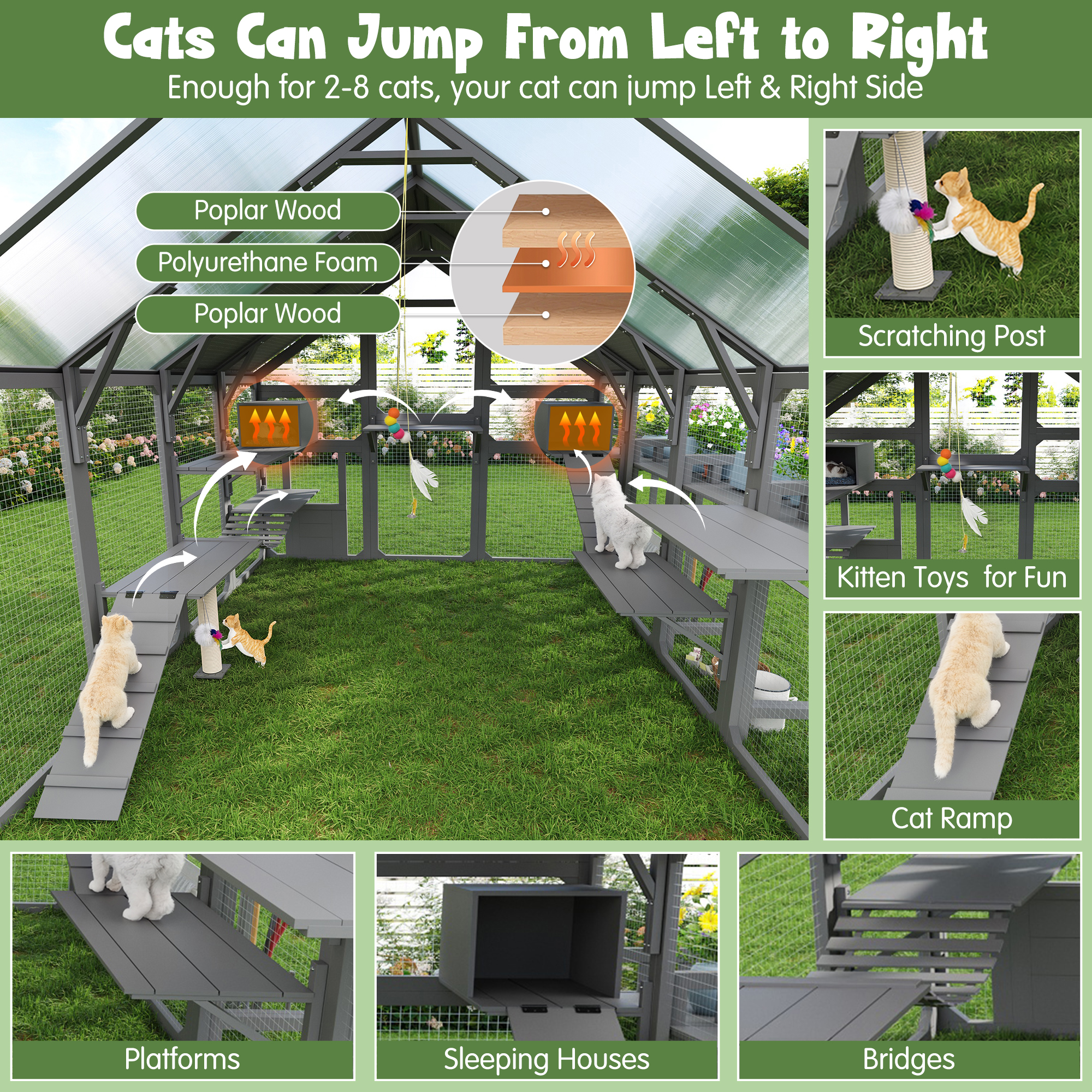 Casa Exterior para Gatos Grande con Plataforma de Maceta, Encierro de Madera para Gatos con Cajas de Descanso para Varios Gatitos, Puente Suspendido, Plataformas, Catio Accesible con Cubierta Impermeable, Gris — imagen 5