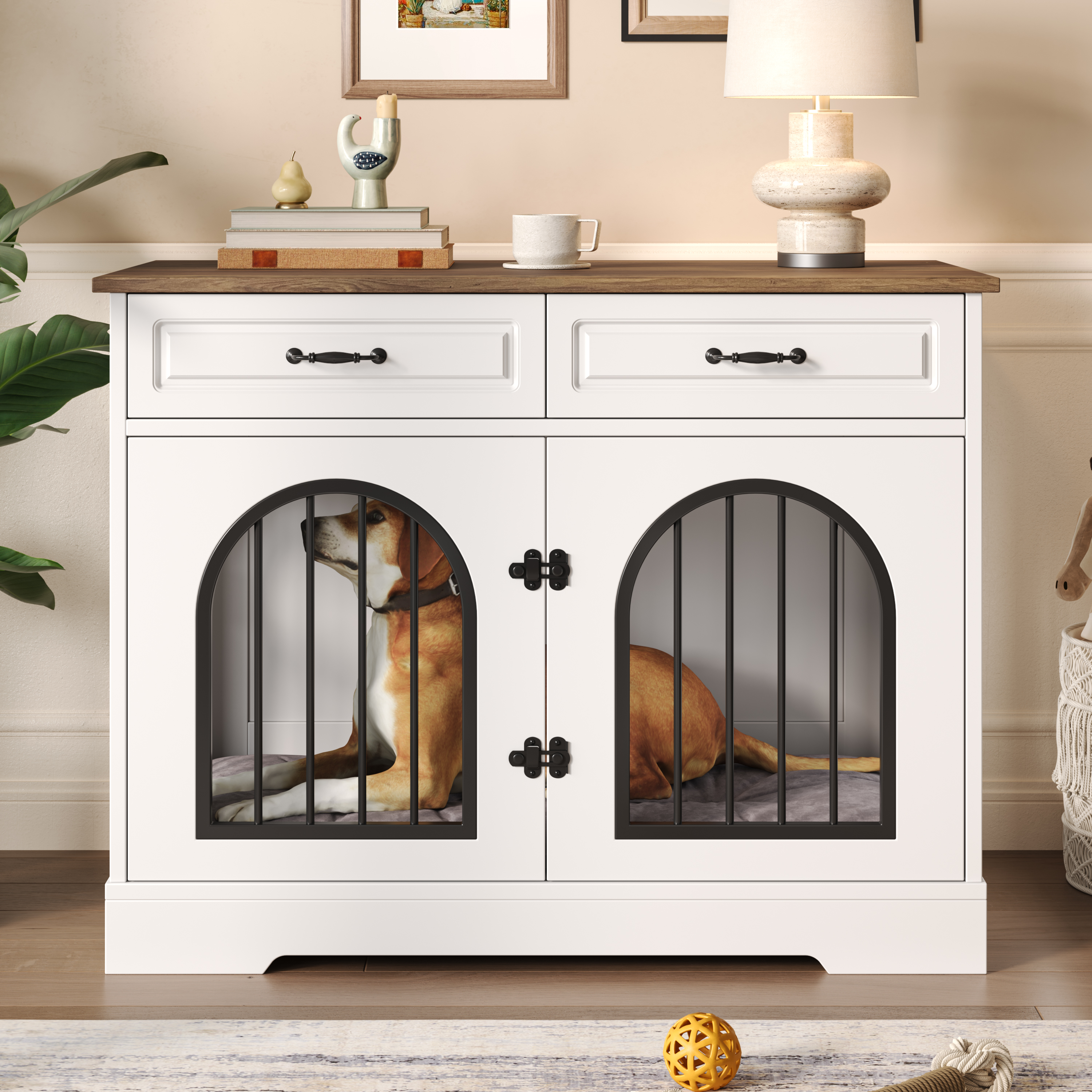 Jaula-Mueble para Perro de 43.3", Caseta Interior Resistente para Perro con 2 Gavetas de Almacenamiento, Jaula para Perro con Puertas Laterales Para Perros Medianos y Grandes, Mesa Auxiliar-Jaula, Blanco y Marrón — imagen 1