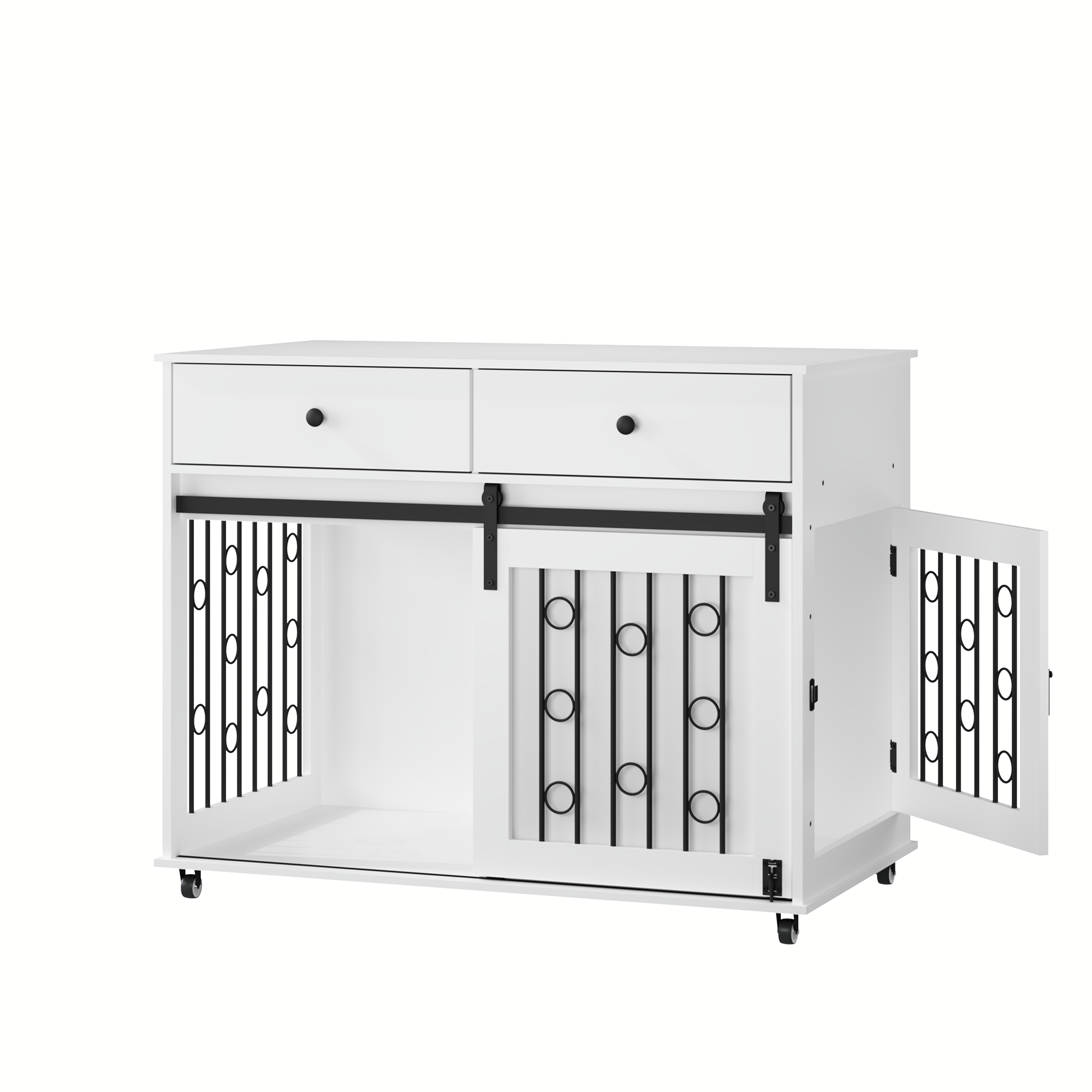 Mueble Jaula para Perro de Madera Moderno de 39.37" con Doble Cajón y Puerta Corrediza Estilo Granero, Mesa Decorativa con Ruedas Bloqueables, Jaula Elegante para Perros Pequeños y Medianos, Blanco — imagen 5