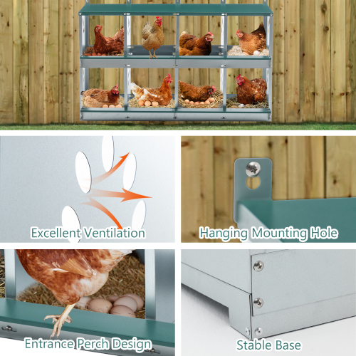 8 Cajas de Puesta para Pollos con 8 Compartimentos, para Depositar Huevos, Caja de Puesto Metálica para Pollos y Gallinas, Sujeta a Pared con Grandes Agujeros Ventilados — imagen 3