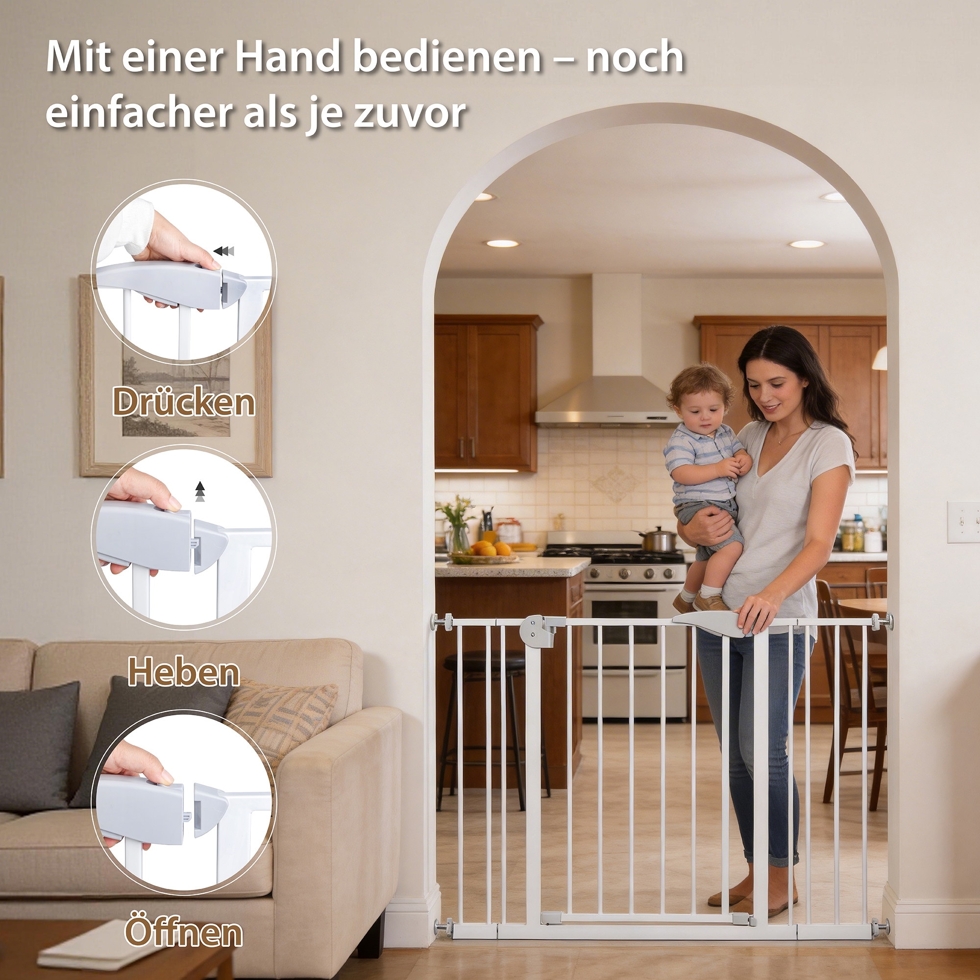 Puerta de seguridad para bebés con doble puerta, ajustable 75-115 cm, pasarela segura con kits de extensión, cierre automático, sujeta por presión, metal blanco para niños y mascotas — imagen 4