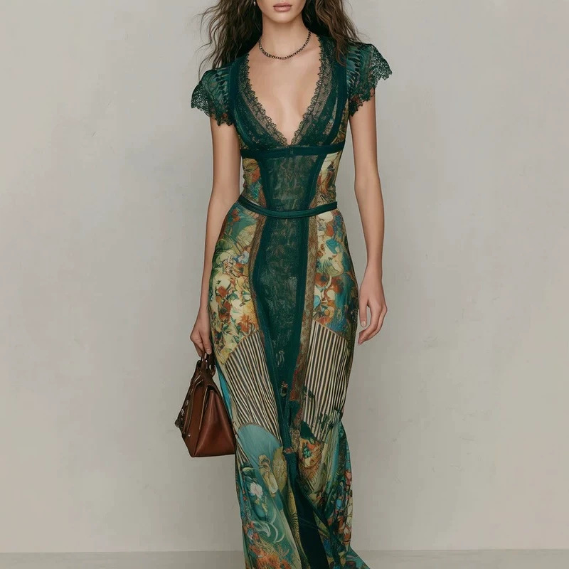 Vintage Emerald Green Lace V-Neck Short Sleeve Patchwork Oil Painting Print Fitted Flared Vacation Fish Tail Long Dress — image 3
