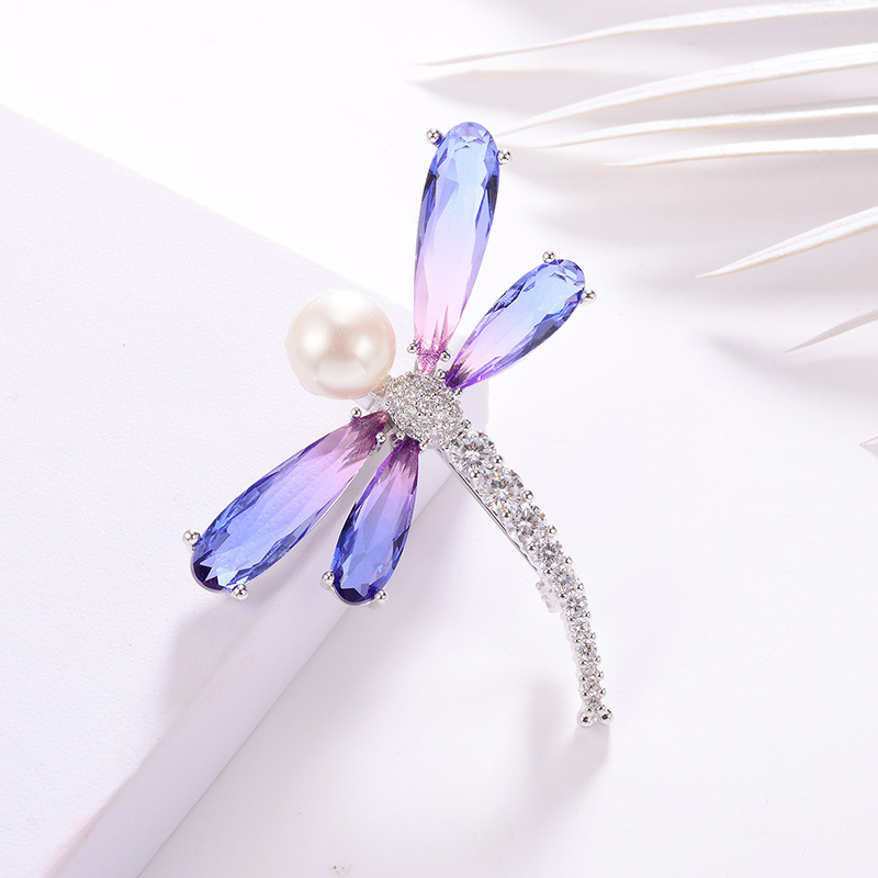 Temperament Exquisite Tourmaline Brooch Fashion Dragonfly Diamond Pearl Corsage Dress Brooch — image 1