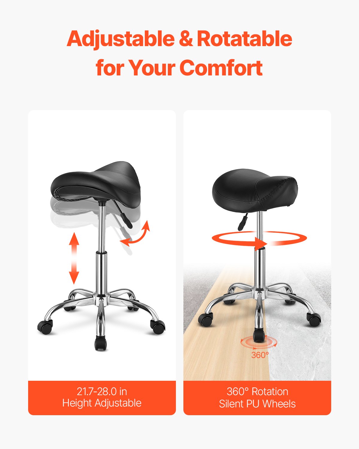 Saddle Stool With Wheels, 450 LBS Weight Capacity Ergonomic Rolling Stool, Height Adjustable Thickened PU Leather Swivel Saddle Chair For Salon, Spa, Massage, Tattoo, Clinic, Black — image 5