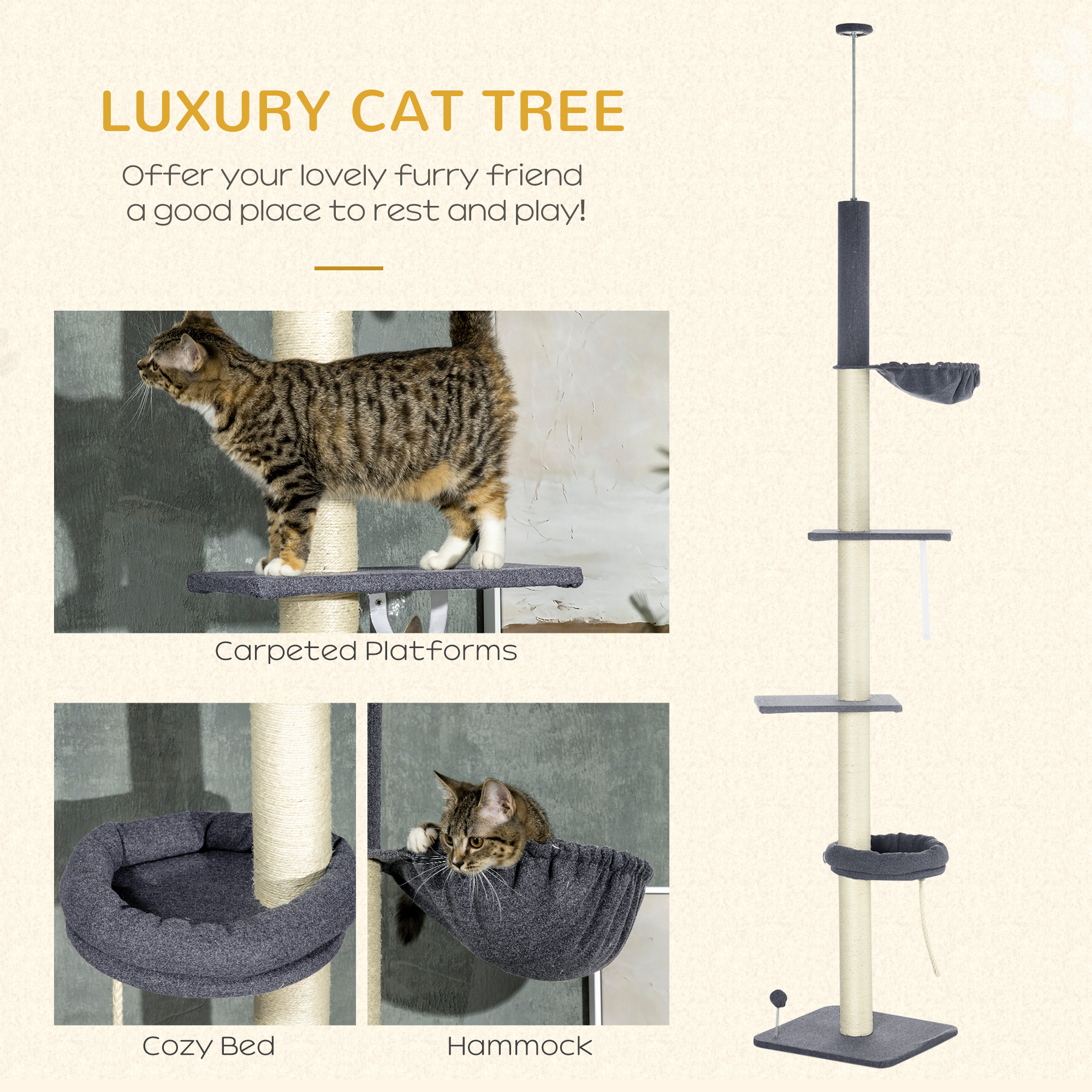 Floor To Ceiling Cat Tree, 5-Tier Cat Climbing Tower, 95-106 Height Adjustable with Carpeted Platforms, Cozy Bed, Hammock, Scratching Post & Toy Ball for Indoor Cats, Dark Gray and Cream — image 4