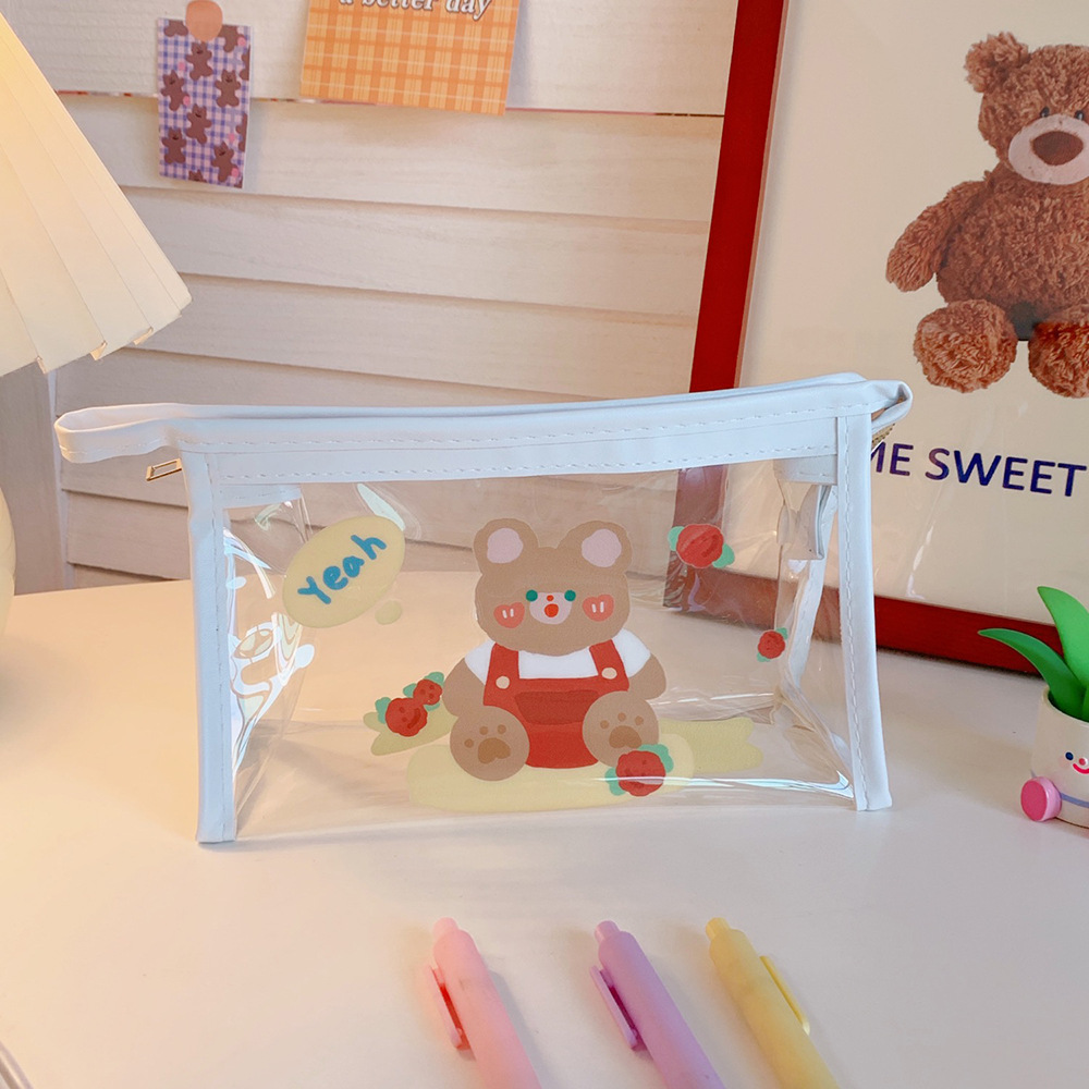 Bolsa de Lápiz Transparente Roja Grande Capacidad, Osito y Conejo Cómicos, Almacenaje de Cosméticos, Bolsa de Baño Japonesa de Alta Calidad — imagen 4