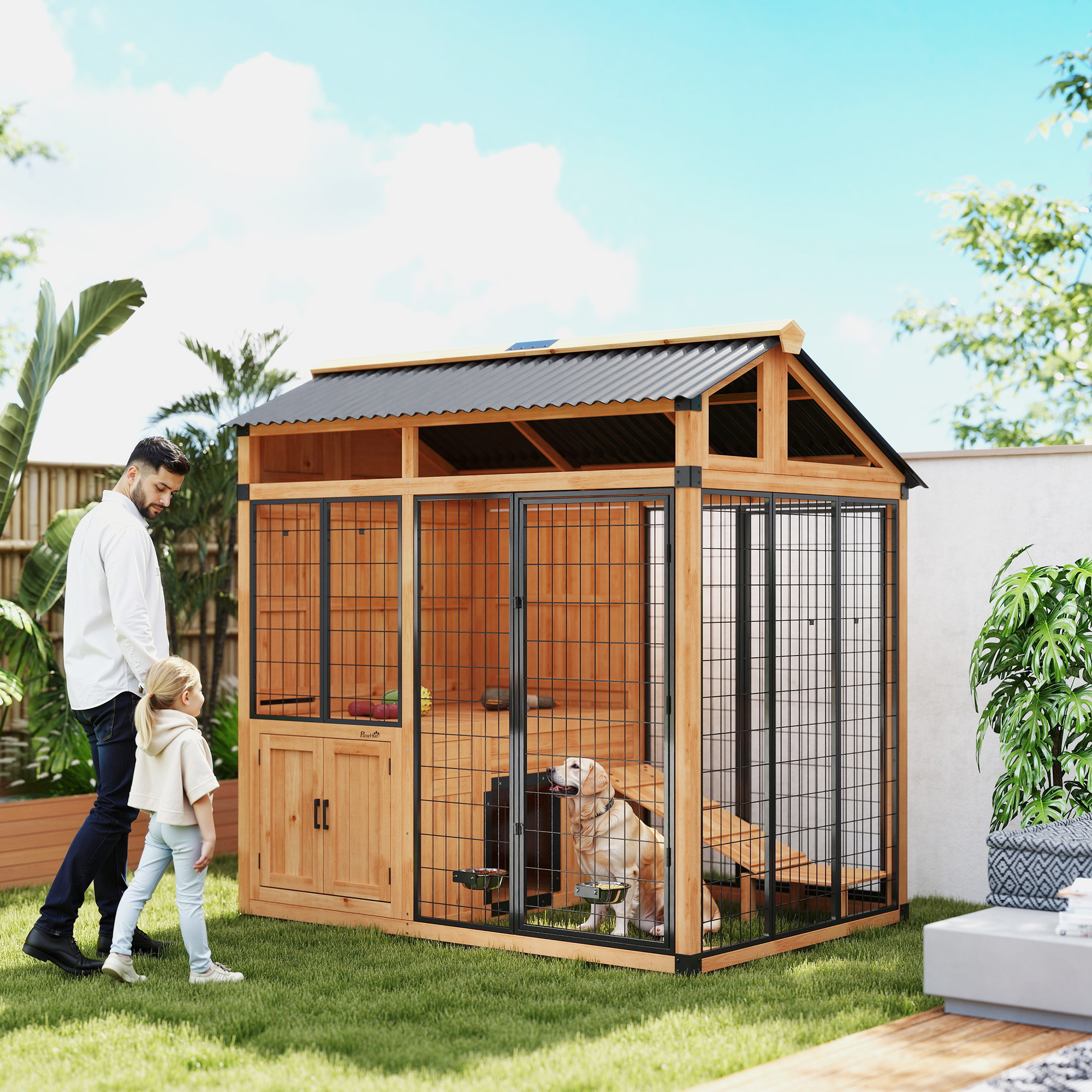 Casa para Perros Extra Grande de 7' x 5', Caseta de Madera para Exterior con Plataforma y Gabinete de Almacenamiento para Razas Grandes, Amarillo — imagen 1