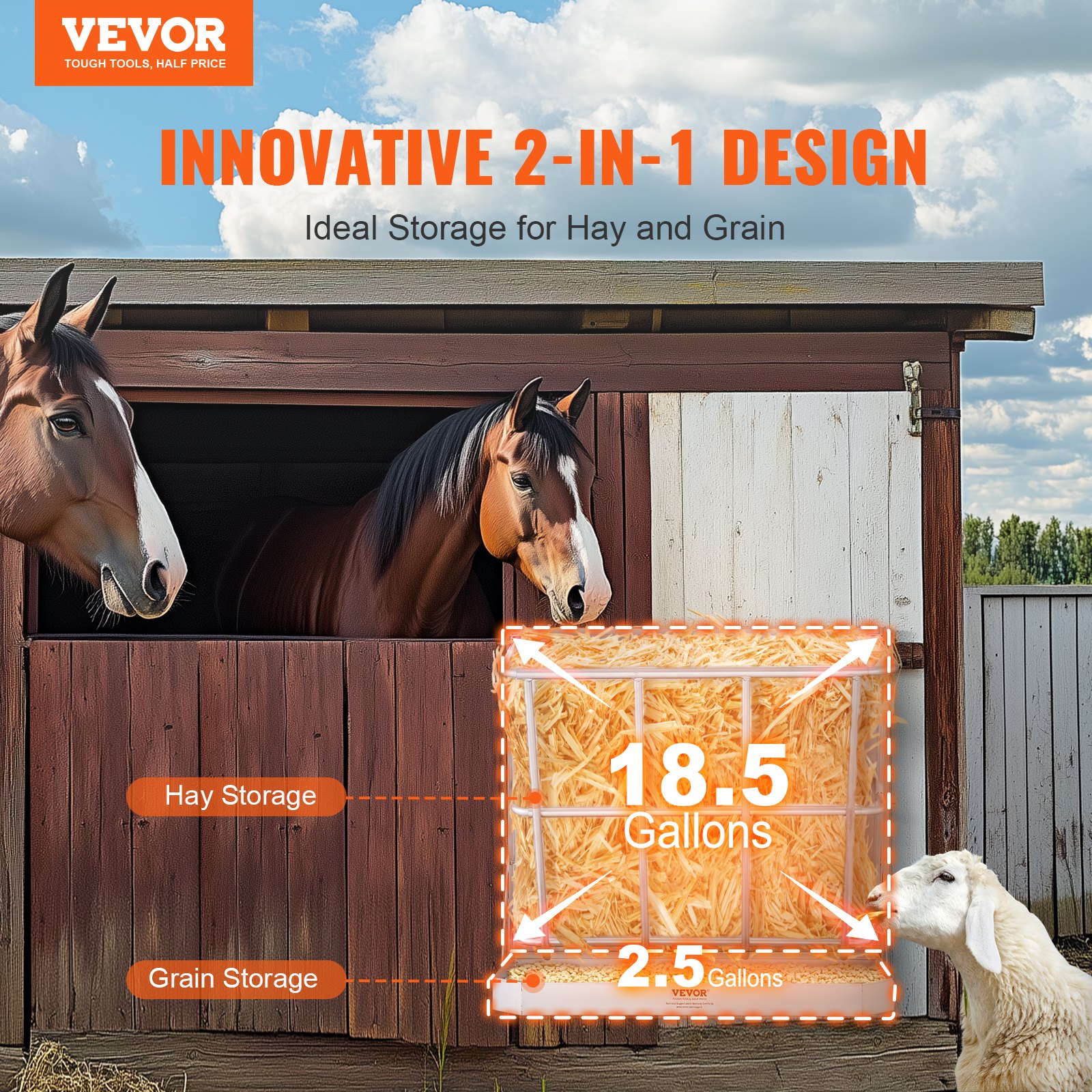 Alimentador de heno para cabras en pared 2 en 1 Alimentador de heno y grano 21 galones — imagen 1