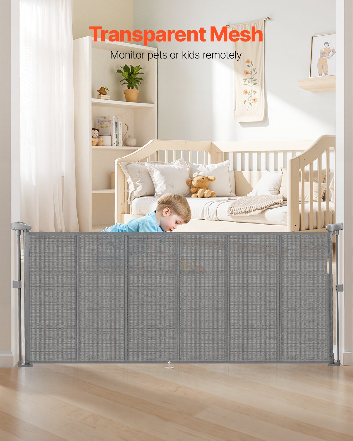 Puerta de Cuna Retráctil, 34 Pulgadas de Alto, Se Extiende Hasta 71 Pulgadas de Ancho, Puerta Retráctil para Niños o Mascotas, Material de Malla, Fácil de Instalar para Escaleras, Ventanas, Pasillos, Habitaciones de Juego, Gris — imagen 2