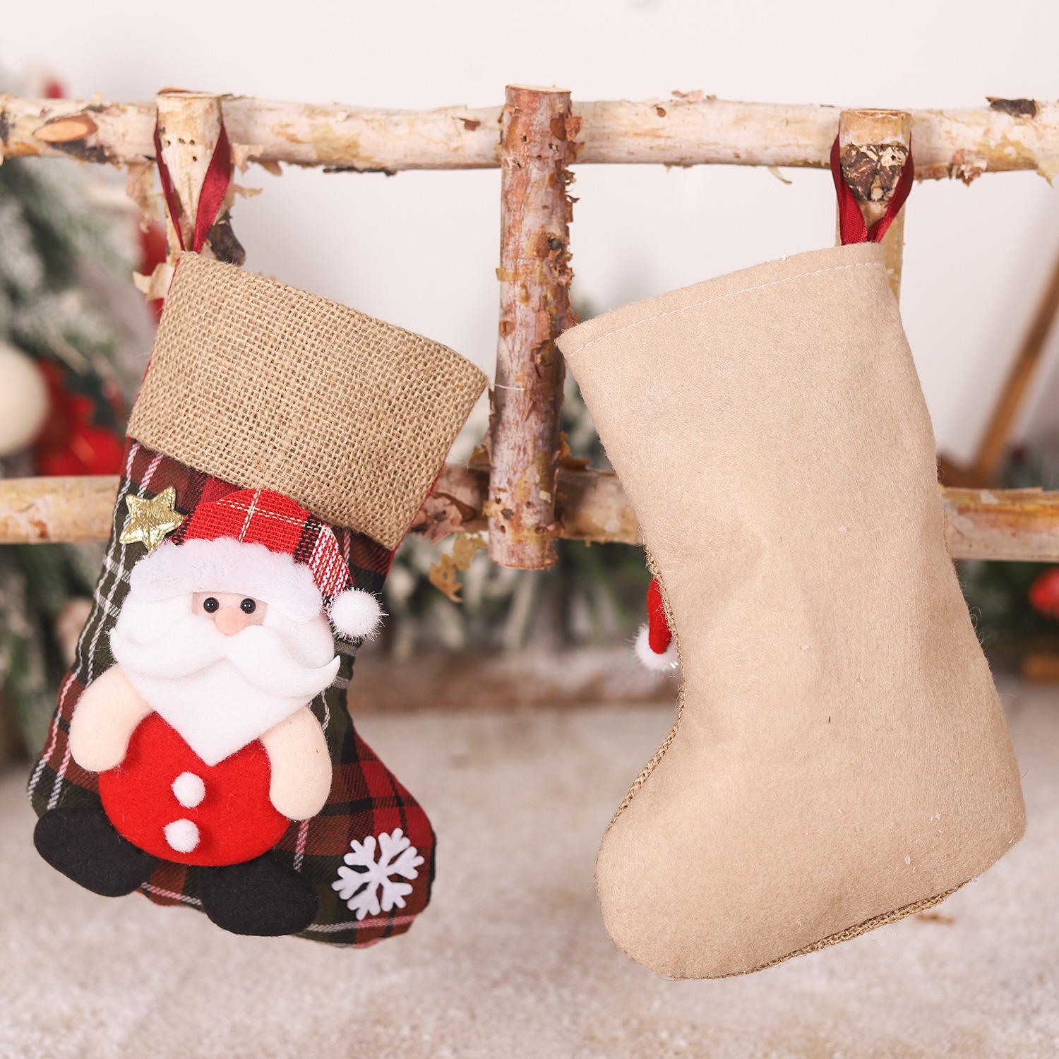 Christmas linen checkered gift bag 3D elderly snowman reindeer figurine Christmas boots pendant — image 8