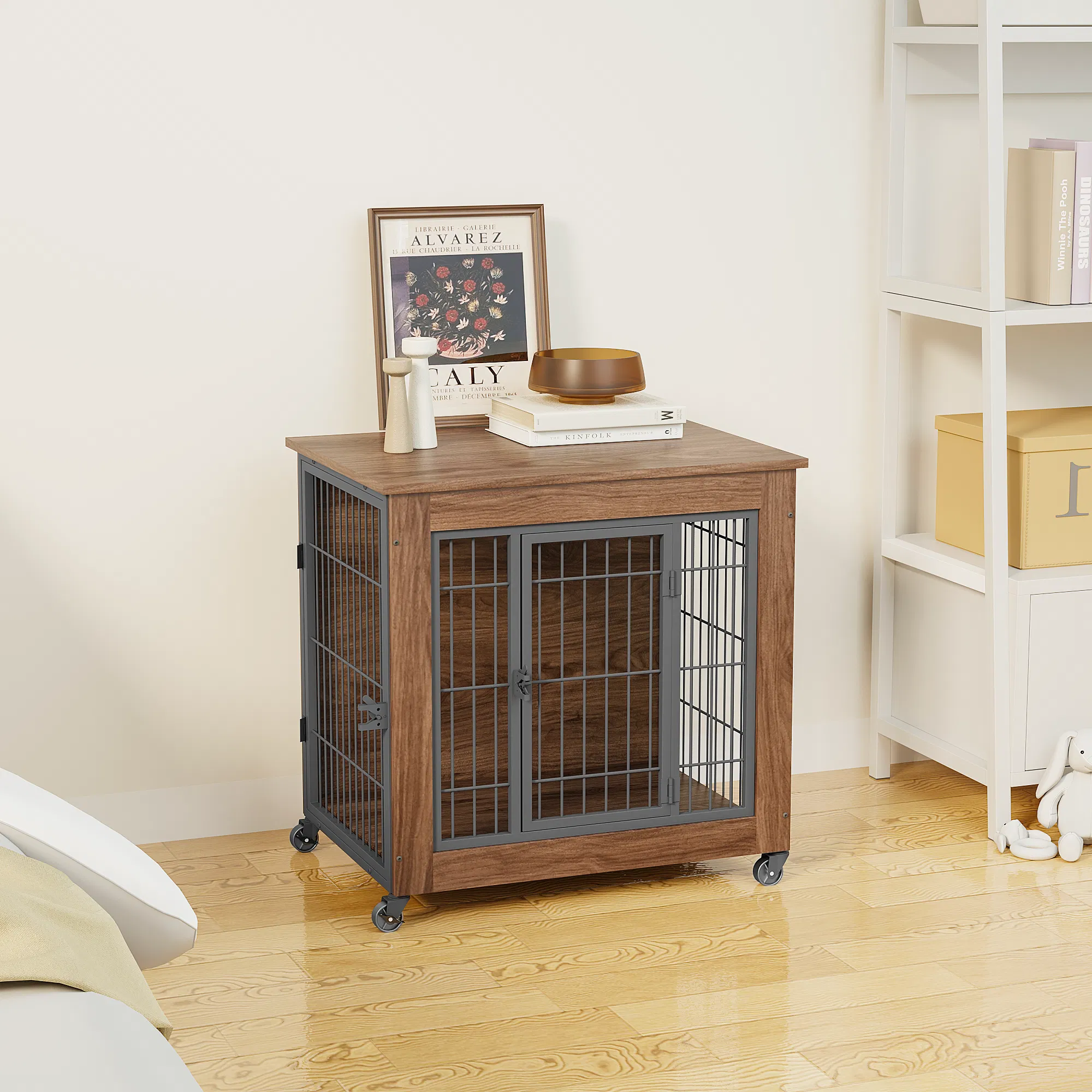 27.2" Dog Crate Furniture with Wheels for Small Dogs, Heavy Duty Dog Kennel Indoor with 2 Doors, Wooden Pet Cage End Table, Double-Doors Sturdy Metal Dog Cage for Anxiety Dog — image 6