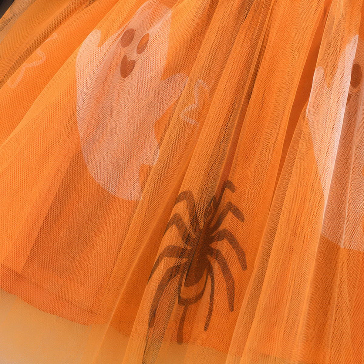Vestido de Halloween con calabaza y tulle para niñas manga larga manga en forma de pompon estampado fantasmas arañas — imagen 5