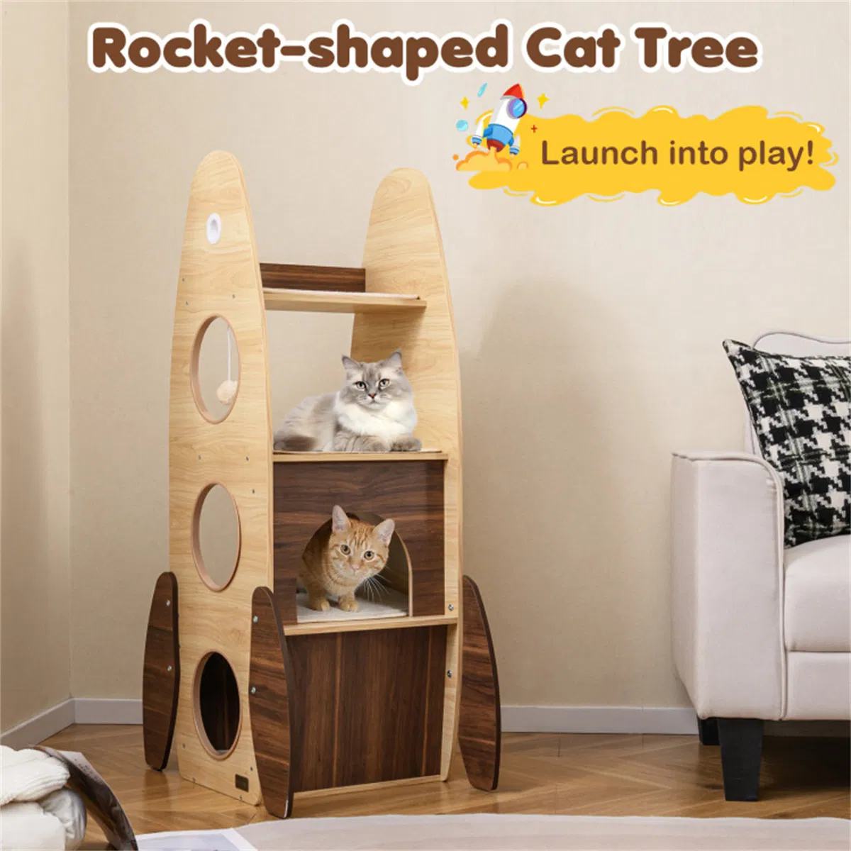 4-Tier Rocket Shape Cat Tree with 2-Tier Condo Sisal Scratch Pad Hanging Pompom Natural+White — image 10