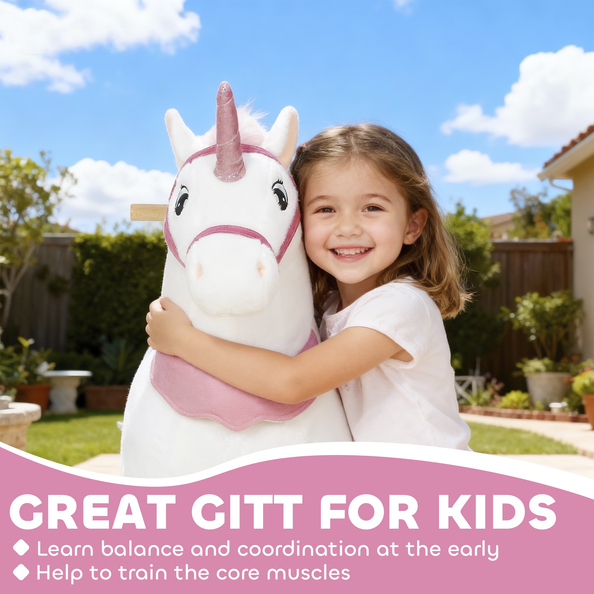 Ride on Unicorn Toy for Kids 4-7 Years, 37.8 Inch Plush Baby Rocking Horse with Wheels, No Battery Required, White — image 4