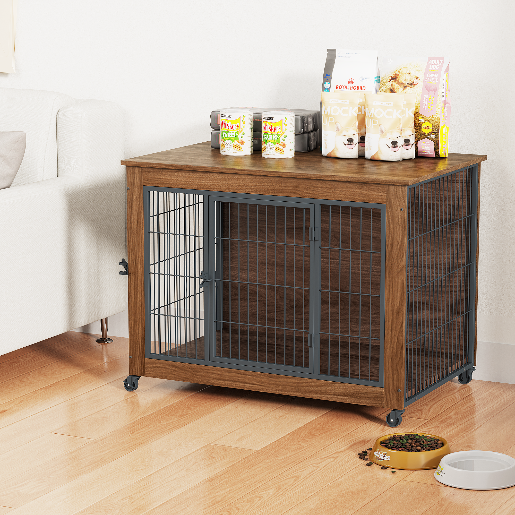 38.6 Dog Crate Furniture With Wheels For Small Dogs, Heavy Duty Dog Kennel Indoor With 2 Doors, Wooden Pet Cage End Table, Double-Doors Sturdy Metal Dog Cage For Anxiety Dog — imagen 5