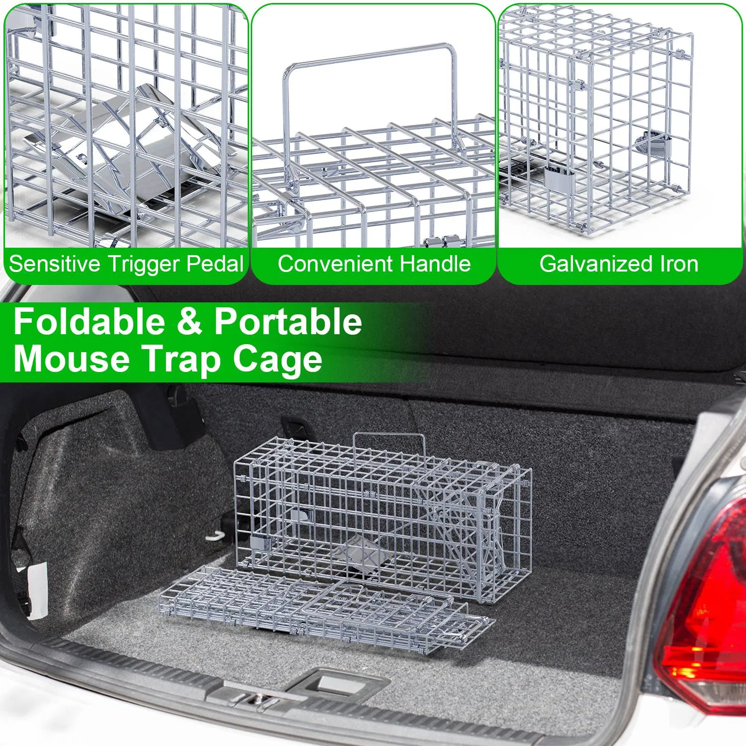 2 jaulas trampa plegables para ratas, trampa humanitaria para roedores vivos, hierro galvanizado, control de ratones con cebo, varilla en forma de L desmontable, para cocina, jardín y almacén — imagen 3