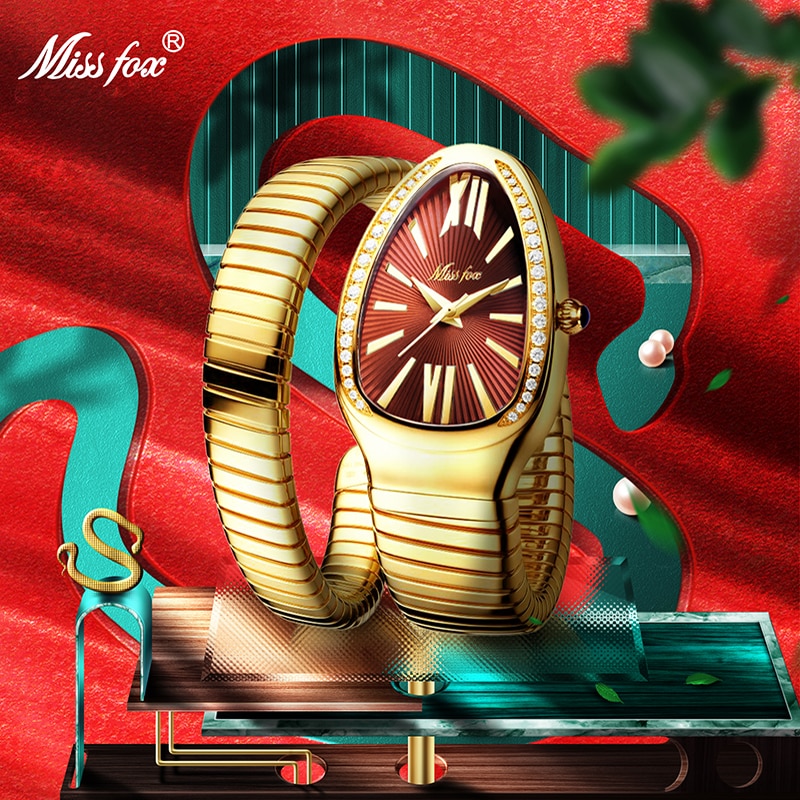 MISSFOX 1221 Women's Watches Snake Shape Luxury Wrist Watch For Women Steel Unique Gold Quartz Ladies Watch Clock Relogio Feminino — image 2