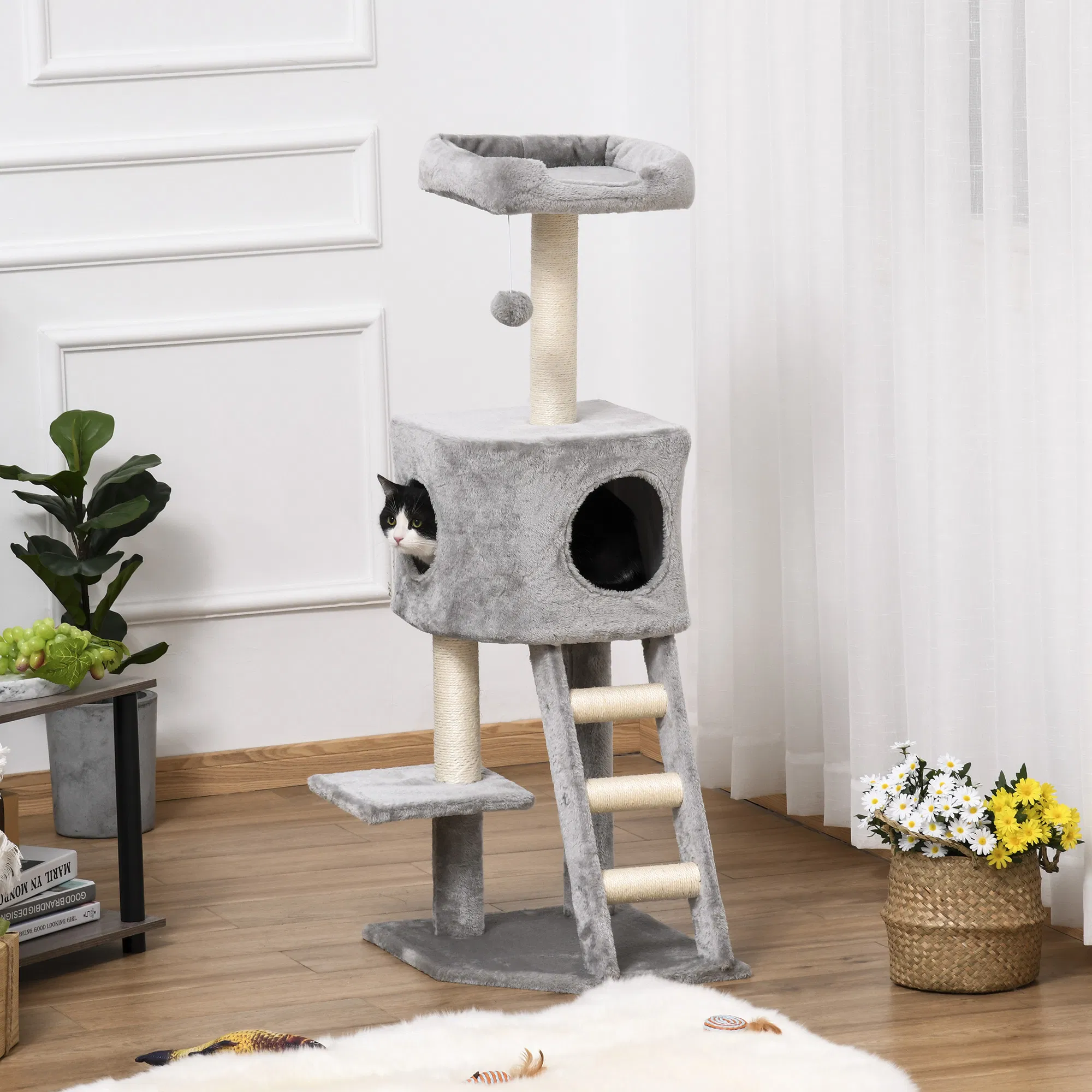 47" Tall Cat Tree Tower with Condo, Ladder, Scratching Posts and Hanging Ball, Light Grey — image 6