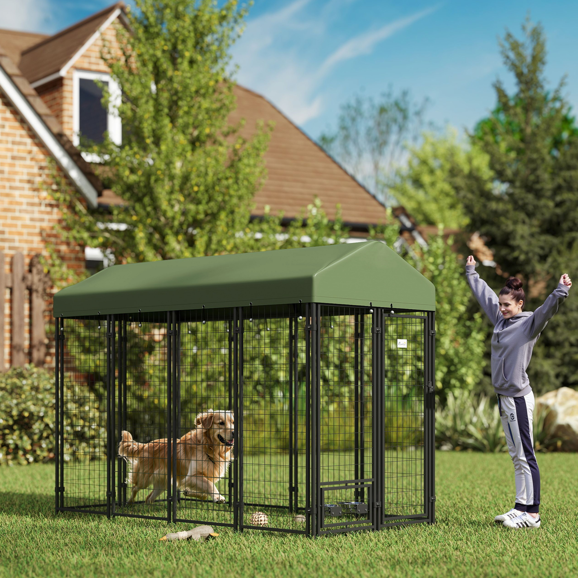 Outdoor Dog Kennel with Rotating Bowl Holders, Pet Playpen with Waterproof Cover, 8 x 4 x 6, Green — imagen 1