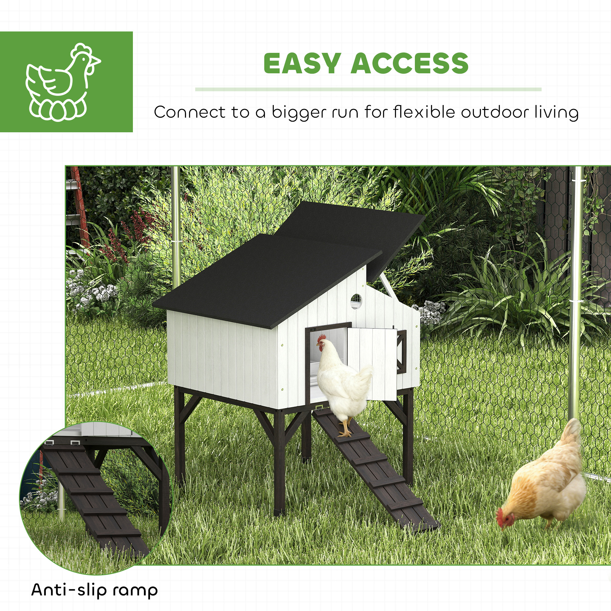Casa de Gallinas con Box de Anidación y Jaula para Conejos Elevada con Rampita, Techo Abierto de Asfalto y Patas Elevadas — imagen 2