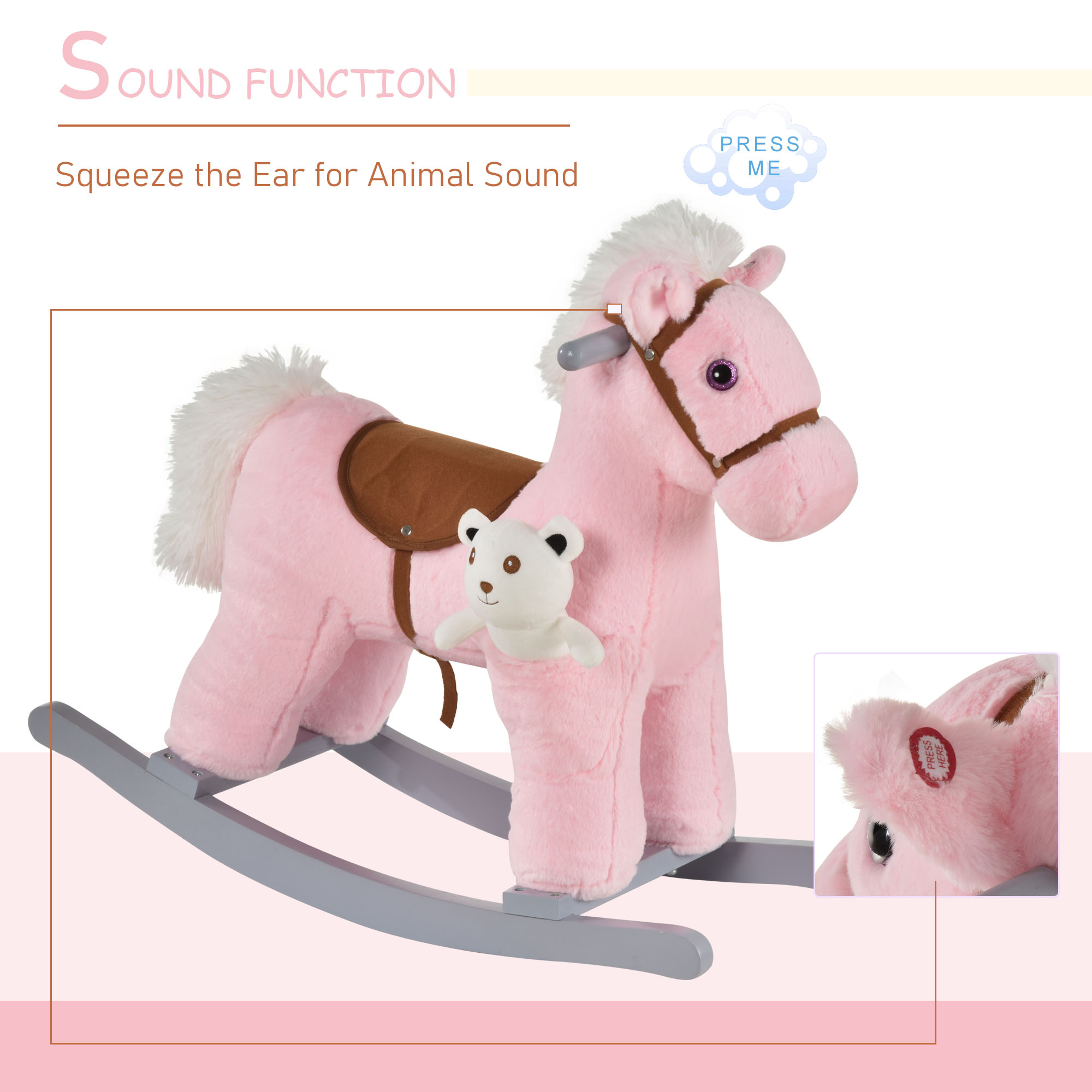 Caballo de Madera con Sonidos y Oso Plush para Niños, Juguetes de Equilibrio con Movimiento Realista para Bebés de 18-36 Meses, Rosa — imagen 7