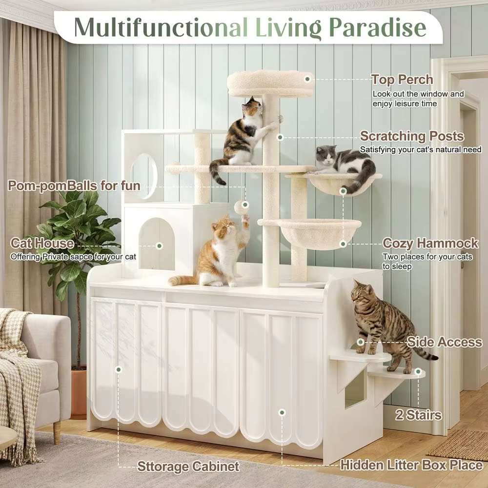 50.6" Cat Tree with Litter Box Enclosure, Cat Tower with Sisal Scratching Post and Storage Space, Modern Cat Condo with House, H — image 4