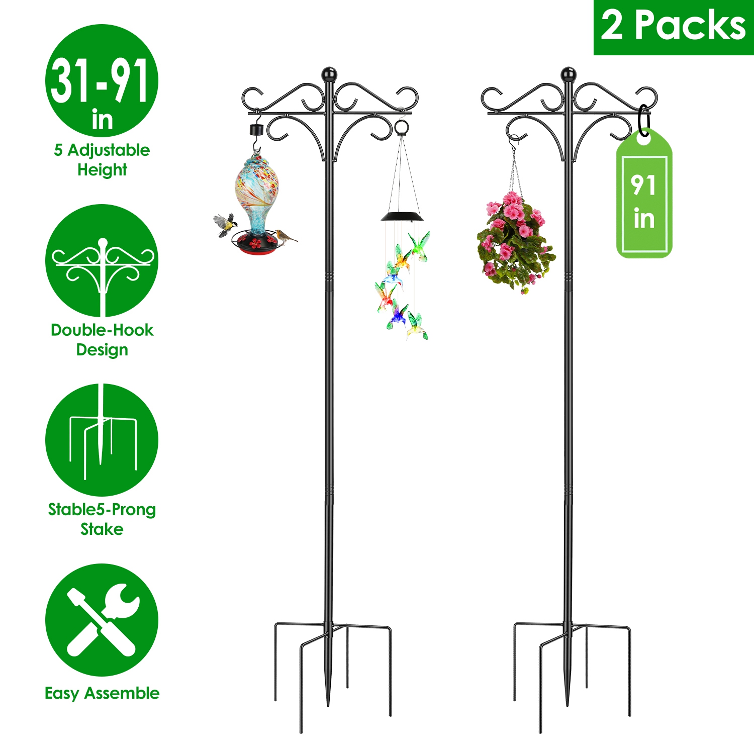 Paquete de 2 Ganchos Dobles Resistentes Tipo Cayado de Pastor, Poste Para Comederos de Aves, Soporte Colgante Para Jardín, Comederos, Plantas y Farolillos, Para Jardín y Patio Exterior — imagen 9