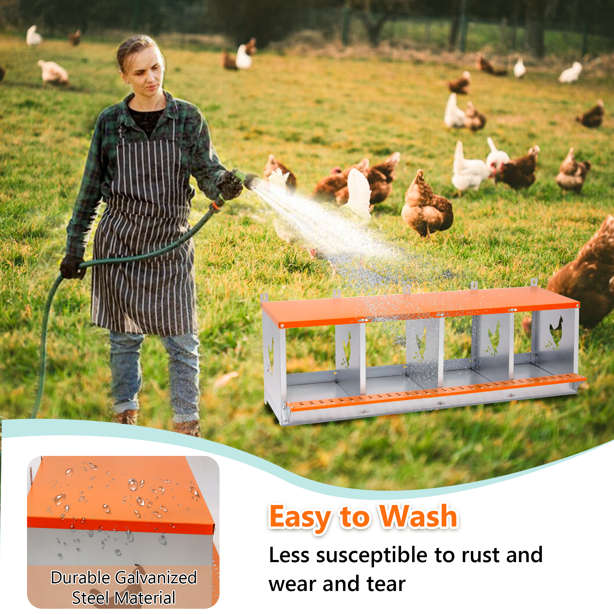 4-Bay Metal Nest Box-Wall Mount For Hens Ducks, Easy Egg Assembly, Vented Galvanized Steel Coop Equipment Orange — imagen 3