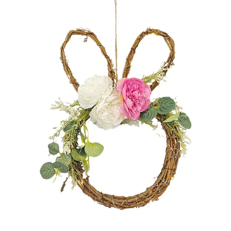 Spring Wreath Easter Bunny Wreath Light Up Door Hanger With Artificial Flower Greenery Handwoven Rattan Garland Wall Decor — image 2