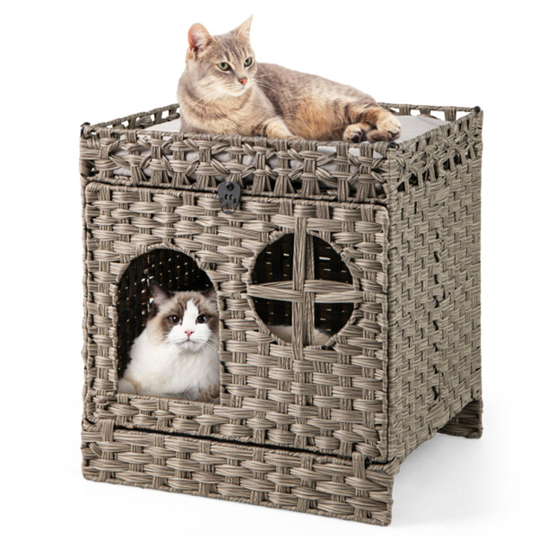 Condominio de Mimbre para Gatos de 2 Niveles con Tapete Atrapa-Arena - Mueble Ocultador de Arenero, Cojín Extraíble y Lavable, Ratán Gris — imagen 4