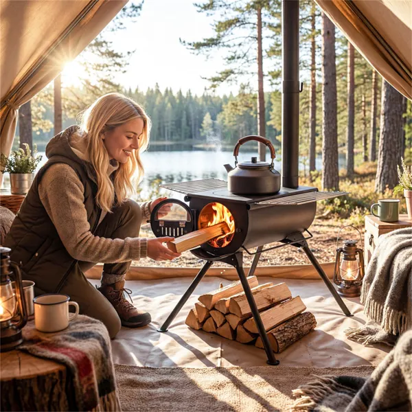 Estufa Portátil Plegable de Leña para Tiendas de Campaña con 5 Secciones de Chimenea, Estructura de Acero de Alta Resistencia para Camping y Caza con Ventana de Visión y Alistamientos de Cocina — imagen 5