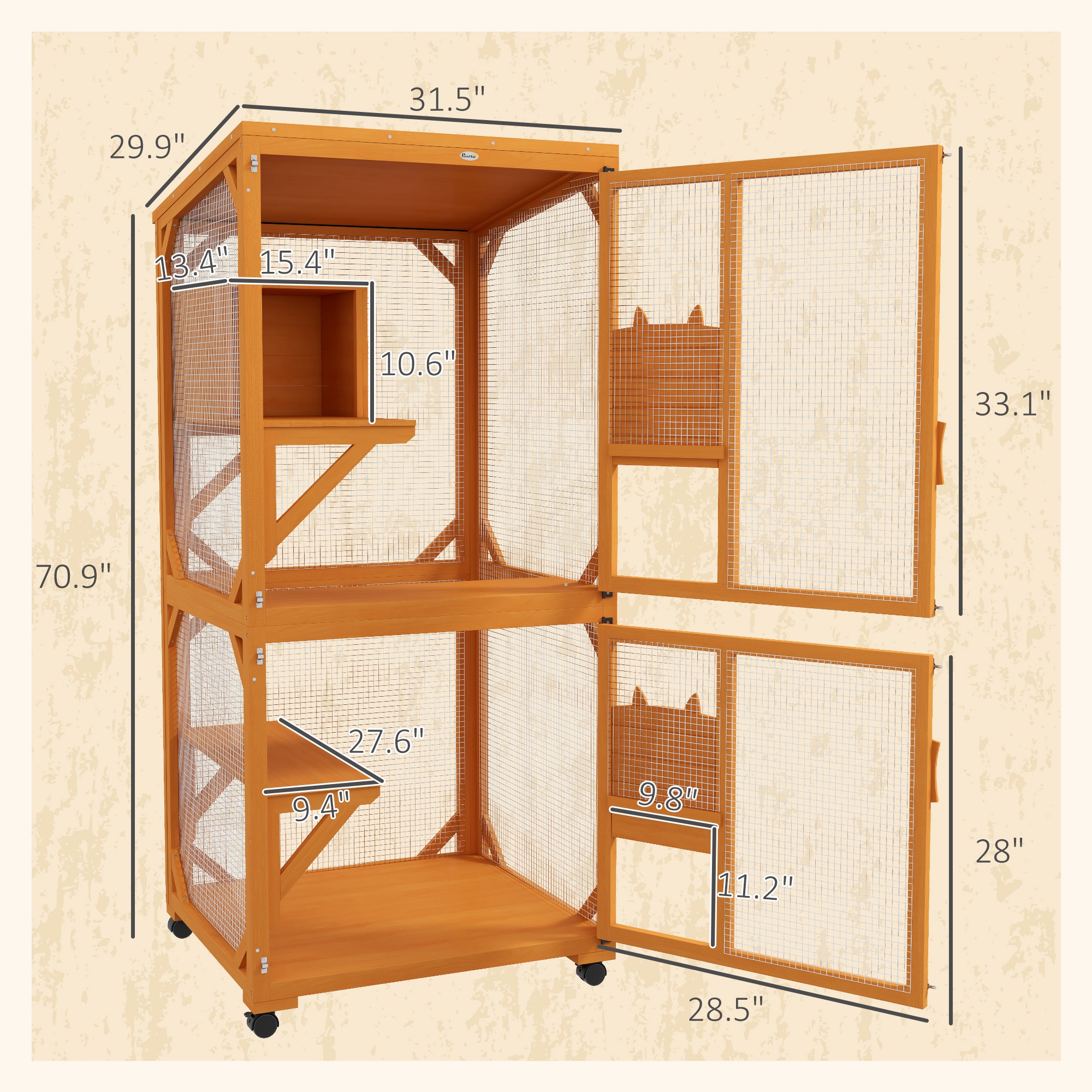 Large Cat House For 1-3 Cats On Wheels Wooden Catio Enclosure Orange — imagen 3