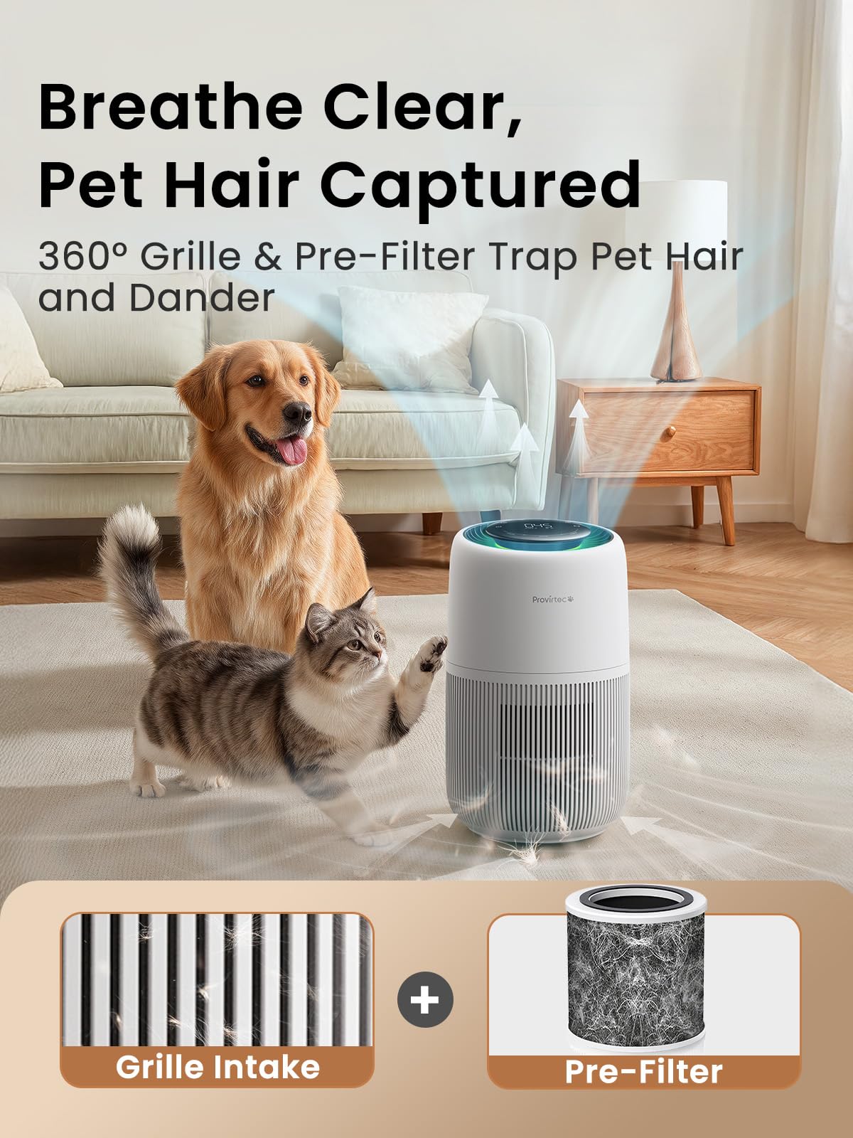 Pet Air Purifier Enhanced Activated Carbon Air Intake For Hair Odor Dander Allergies, 5-Stage H13 True HEPA, Pet Pre-Filter PM2.5 Auto Mode For Bedroom HomeP — image 3