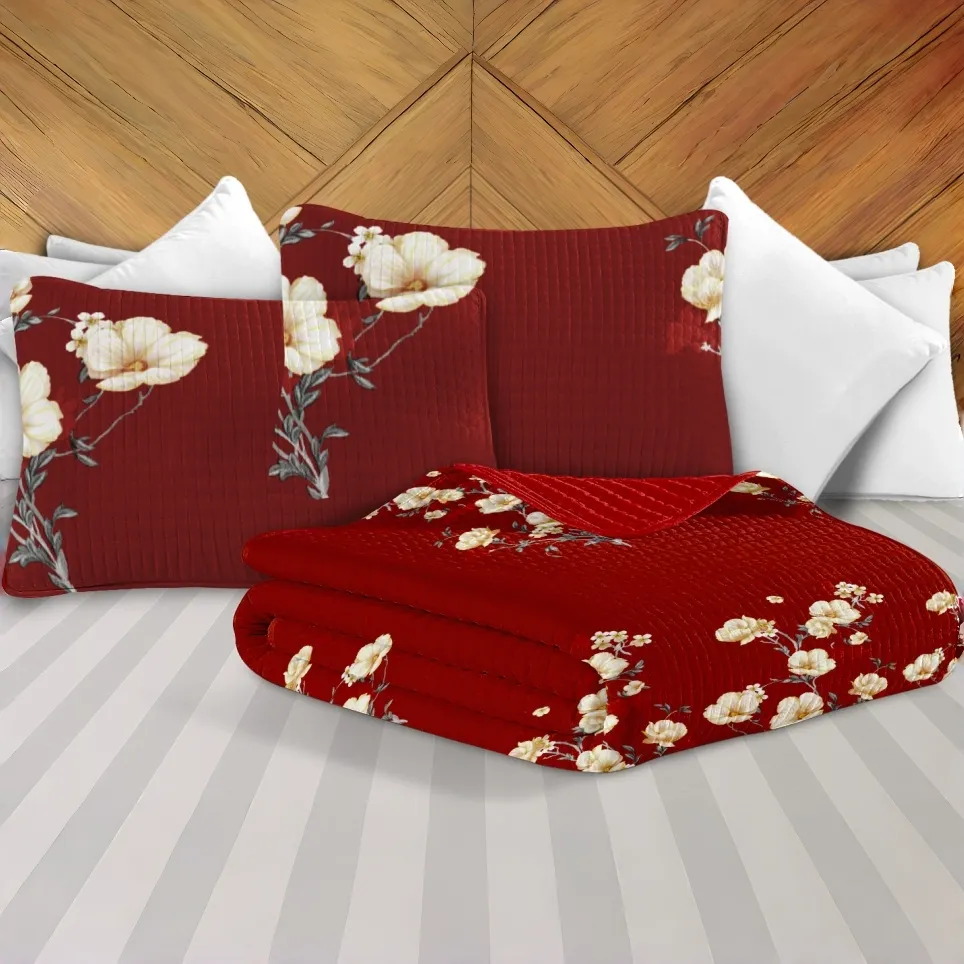 9-Piece Burgundy Red Floral Bedding & Curtain Combo Set, Elegant Wine Red Quilted Bedspread with 6 Light Filtering Window Panels & 2 Shams, Easy Care Microfiber Coverlet, Pet Friendly — image 7