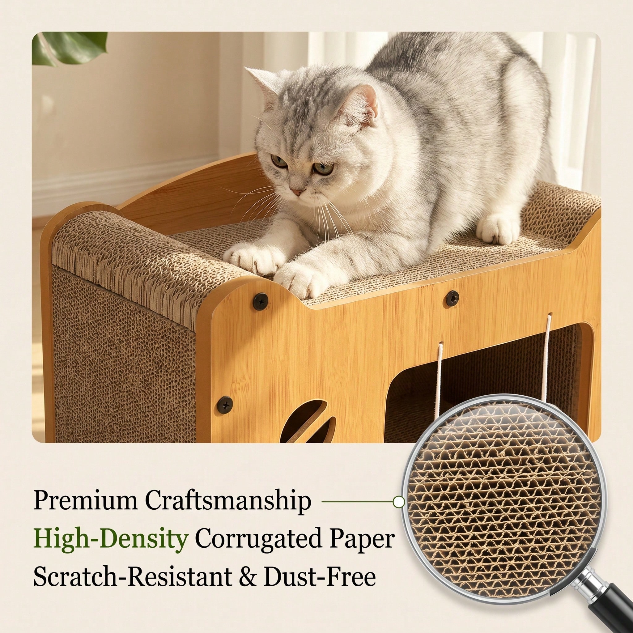 Casa de Gato Multiestilo con Dos Capas: 2 Niveles Grande para Perros y Gatos con Cartón Corrugado, Bolas Suspensas Interactivas y Soporte Cervical Ergonómico para Hogares con Muebles — imagen 17
