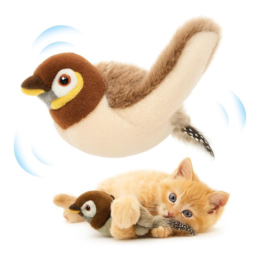 Pájaro de Plush Rechargeable con Alas que Baten y Sonidos de Canto Realista, Juguetes Interactivos Electrónicos para Gatos en Interior con Sensor de Movimiento — imagen 1