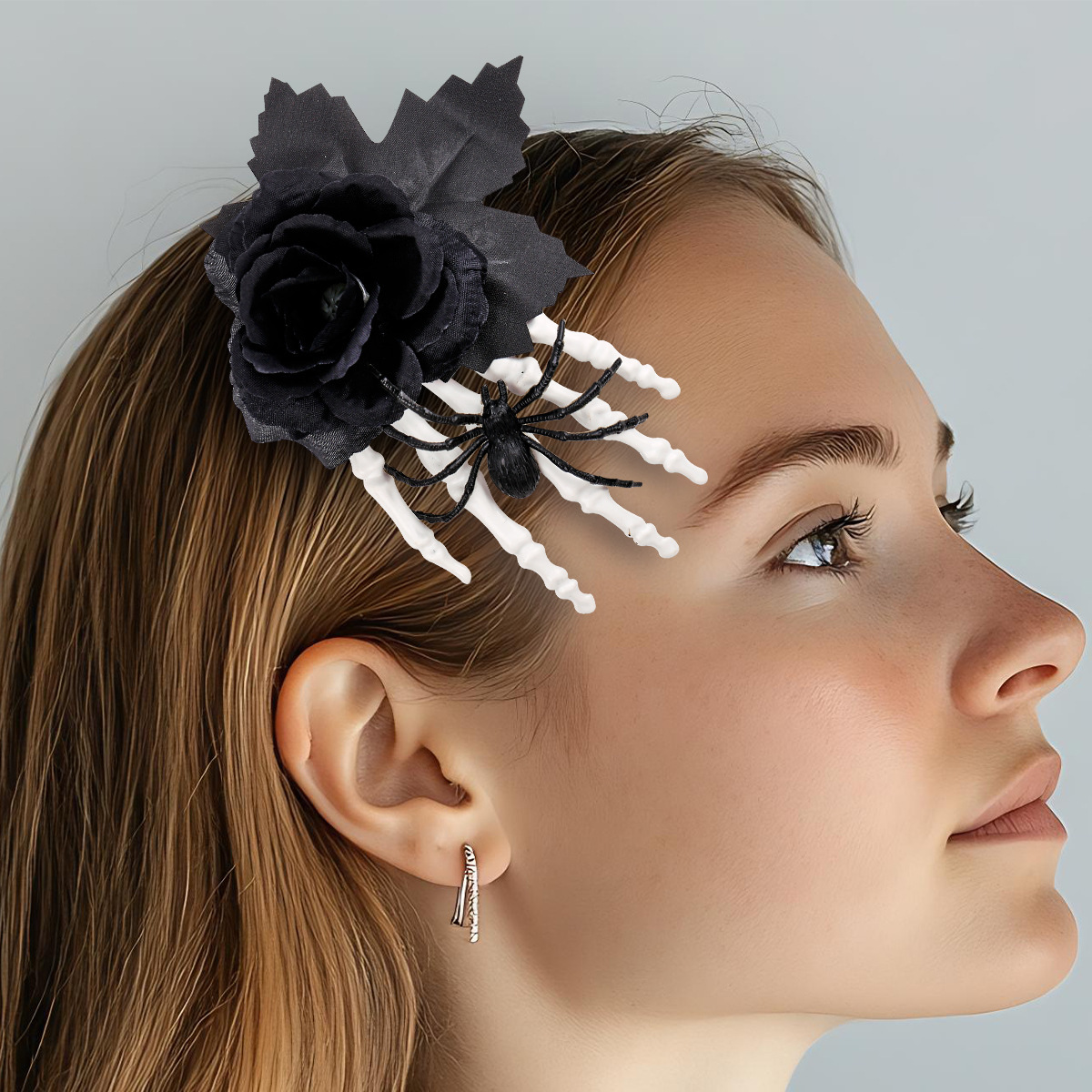 Halloween Ghost Hand Black Rose Spider Hair Clip, Skull Hand Hair Accessory, Horror Costume Party Decoration — image 4