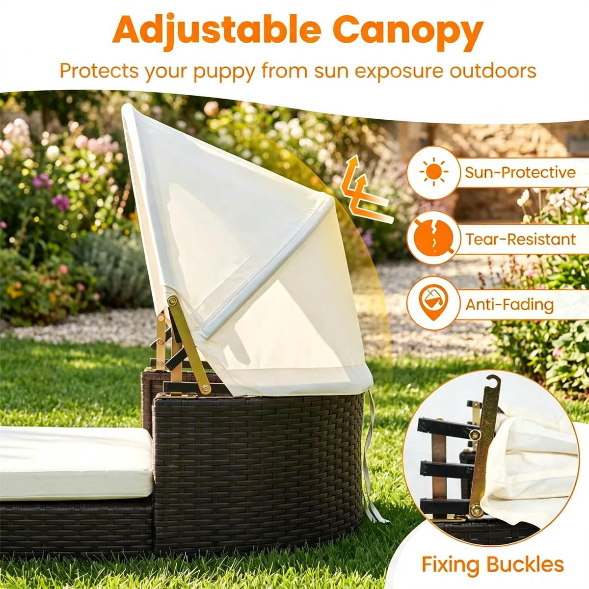 Hand-Woven PE Rattan Dog Bed with Adjustable Canopy, Elevated Outdoor Pet Daybed with Washable Plush Cushion, Anti-Slip Breathable Pet Shelter for Indoor Patio Garden-White — image 7